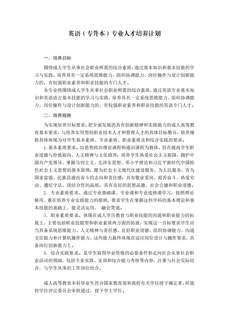 英语专业培养计划（专升本）F