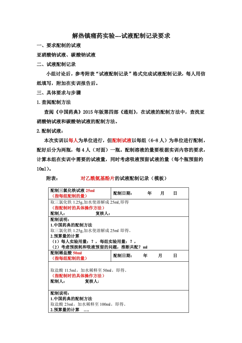 解热镇痛药物的性质实验--试液配制记录要求