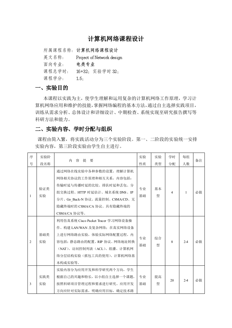 计算机网络课程设计教学大纲