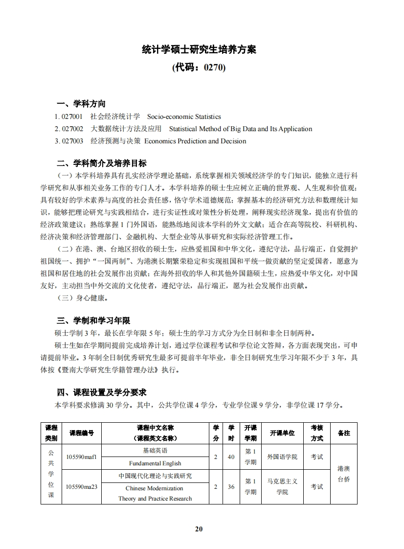 计量统计学硕士层级研究生培养方案面向港澳台侨群体