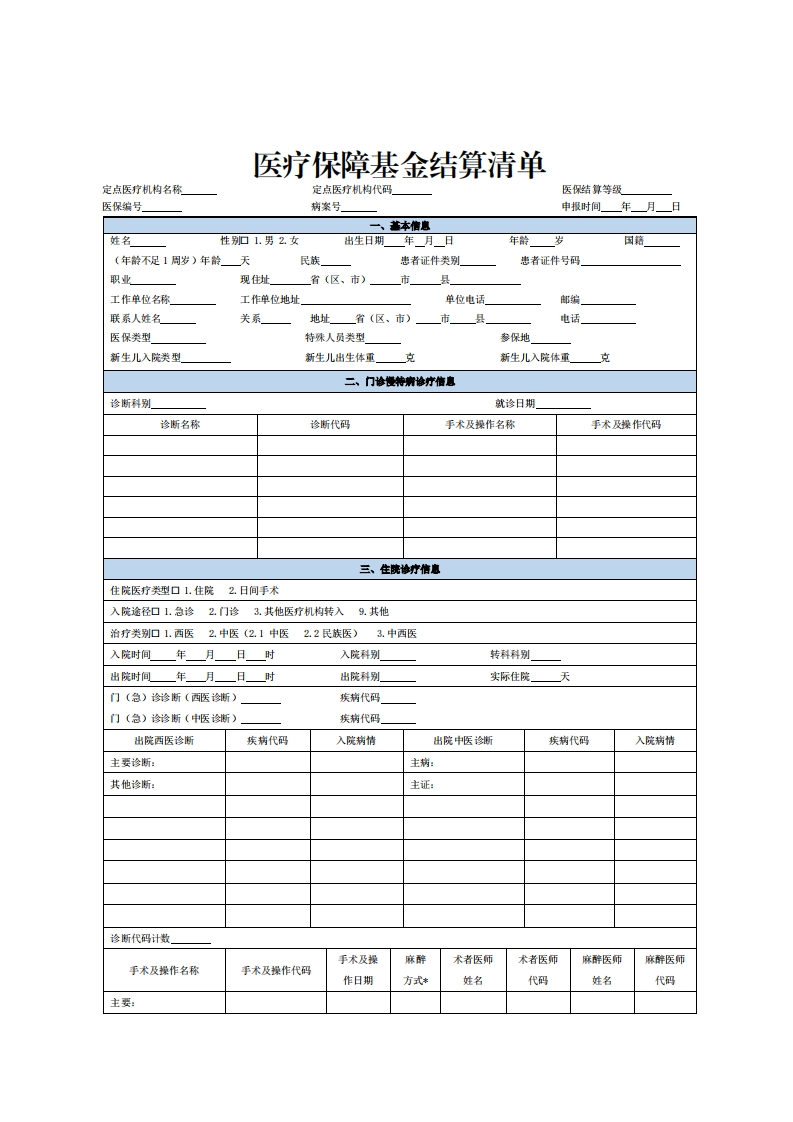 诊断科别诊断名称诊断代码就诊日期手术及操作名称手术及操作代码三、住院诊疗信息住院医疗类型口1住院2日间手术入院途径口1急诊2门诊3其他医疗机构转入9其他治疗类别口1西医2中医(21中医22民族医)3中西医入院时间_年_-月_-日_-时出院时间年日时门(急)诊诊断(西医诊断)入院科别出院科别疾病代码转科科别实际住院天
