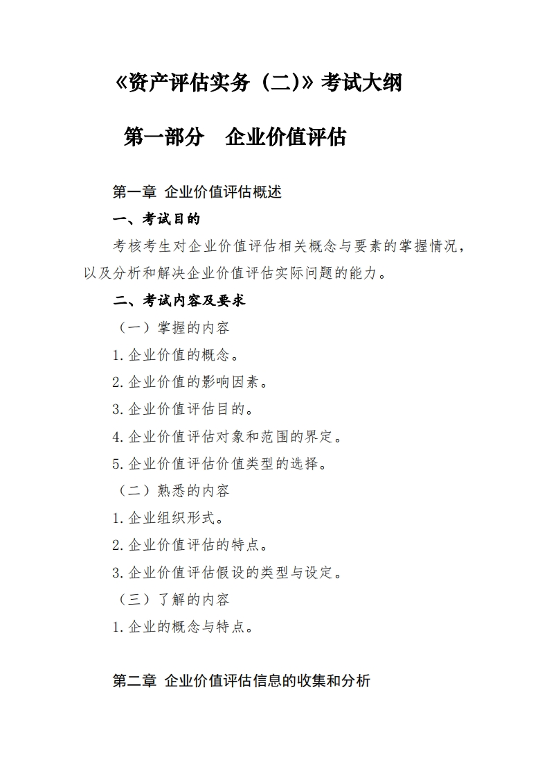 资产评估实务(二)考试大纲