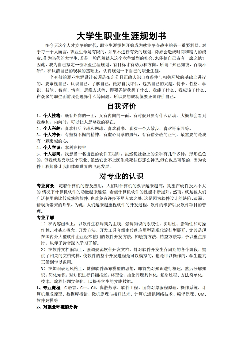 软件专业大学生职业生涯规划