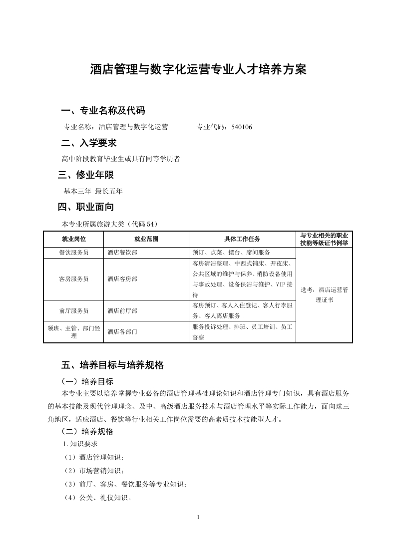 酒店管理专业人才培养方案