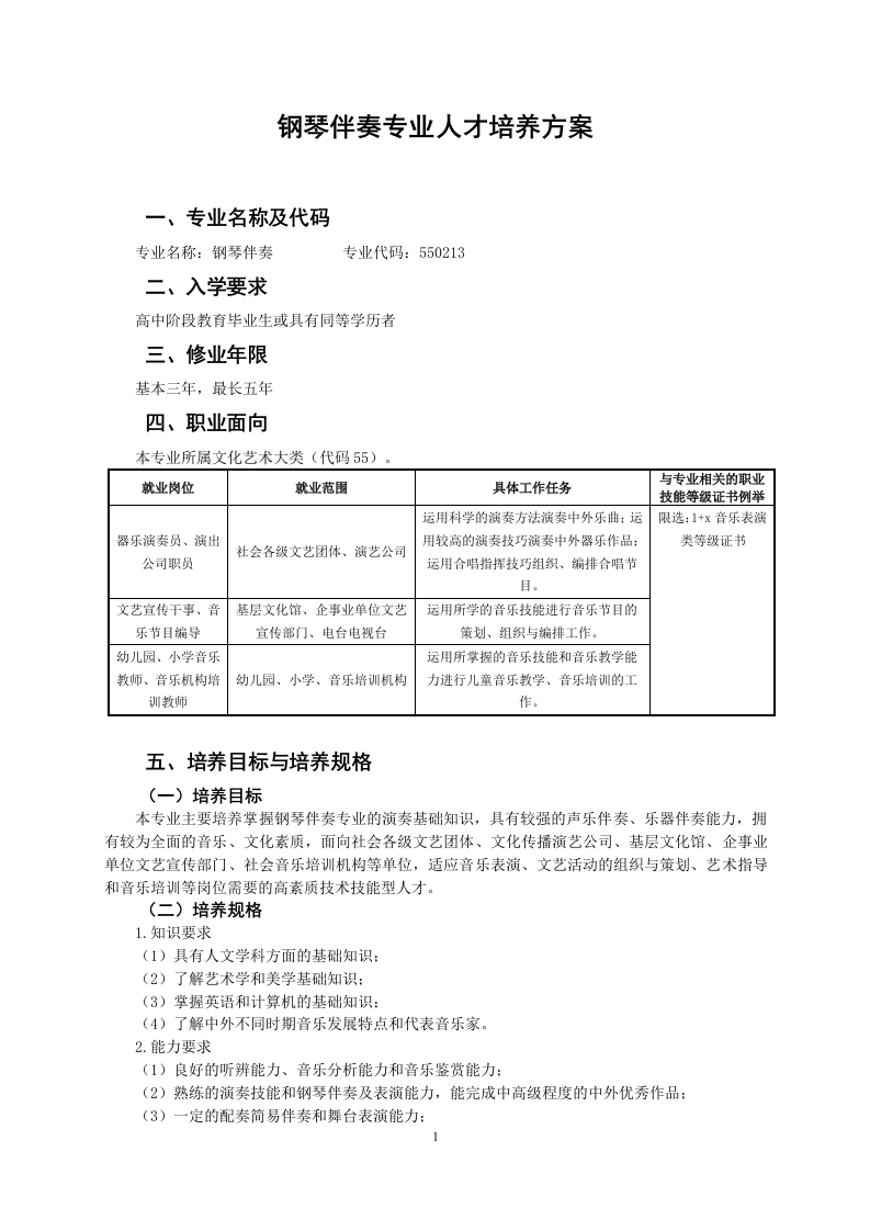 钢琴伴奏人才培养方案