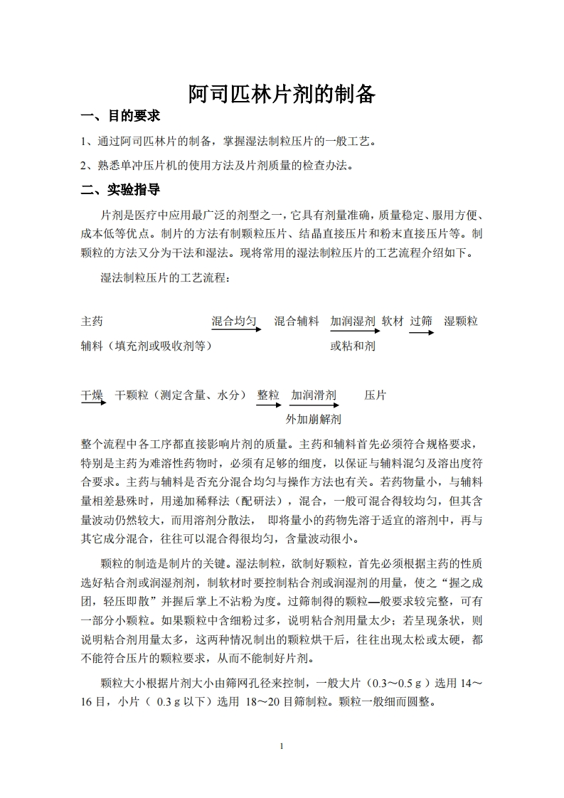 阿司匹林片剂的制备