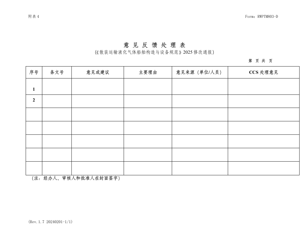 附件2.反馈意见表-散装运输液化气体船舶构造与设备规范2025修改通报(初稿)