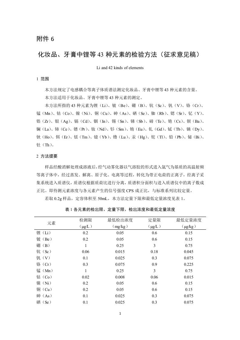 附件6《化妆品、牙膏中锂等43种元素的检验方法征求意见稿》及起草说明.docx