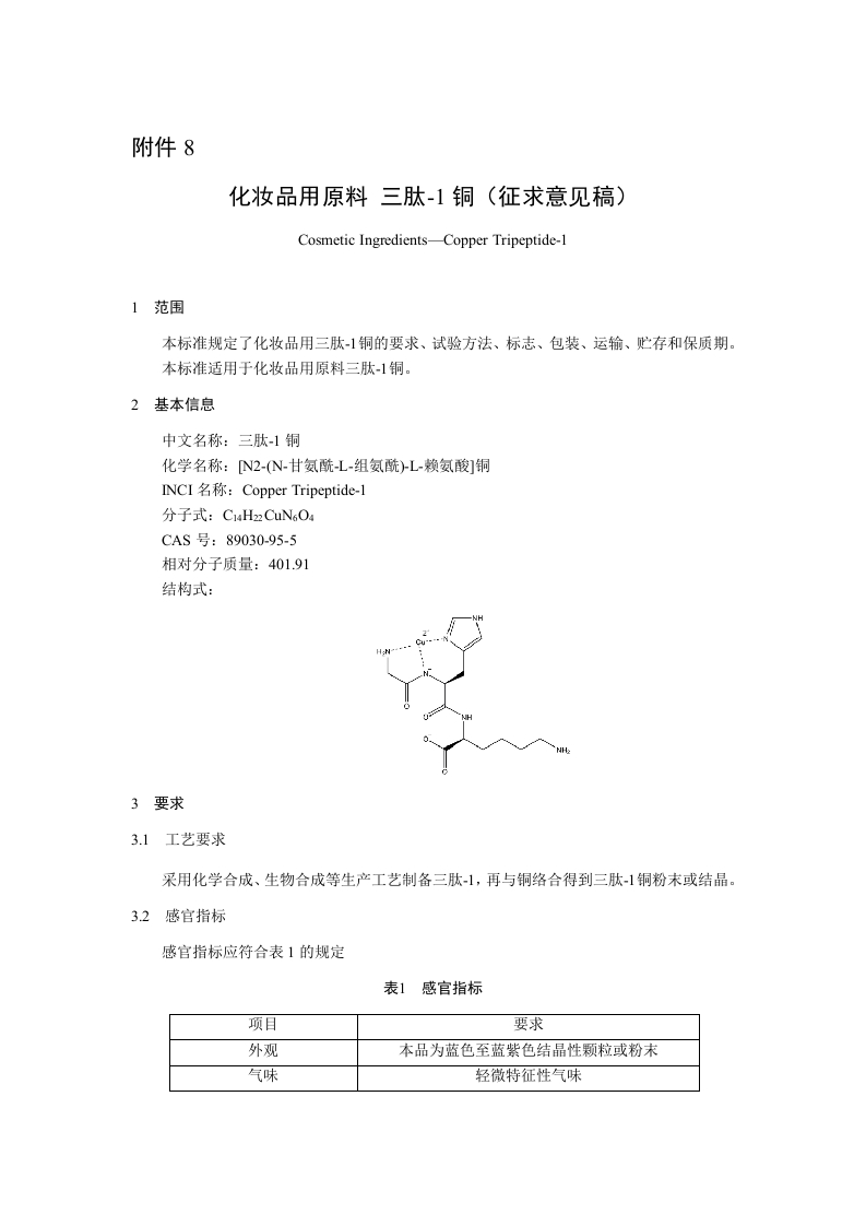 附件8《化妆品用原料-三肽-1铜（征求意见稿）》及起草说明