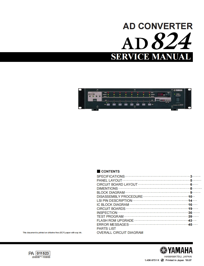 雅马哈Yamaha-AD824-AD-Converter-Service-Manual维修服务手册说明书含电器原理图