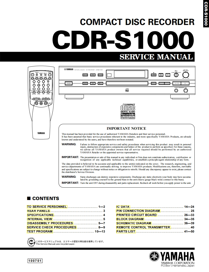 雅马哈Yamaha-CDR-S1000-Recorder-Service-Manual维修服务手册说明书含电器原理图