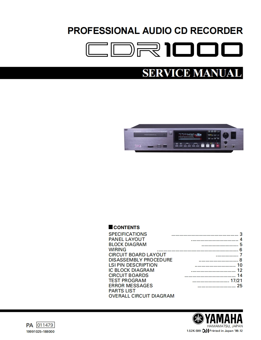 雅马哈Yamaha-CDR1000-Pro-CD-Recorder-Service-Manual维修服务手册说明书含电器原理图