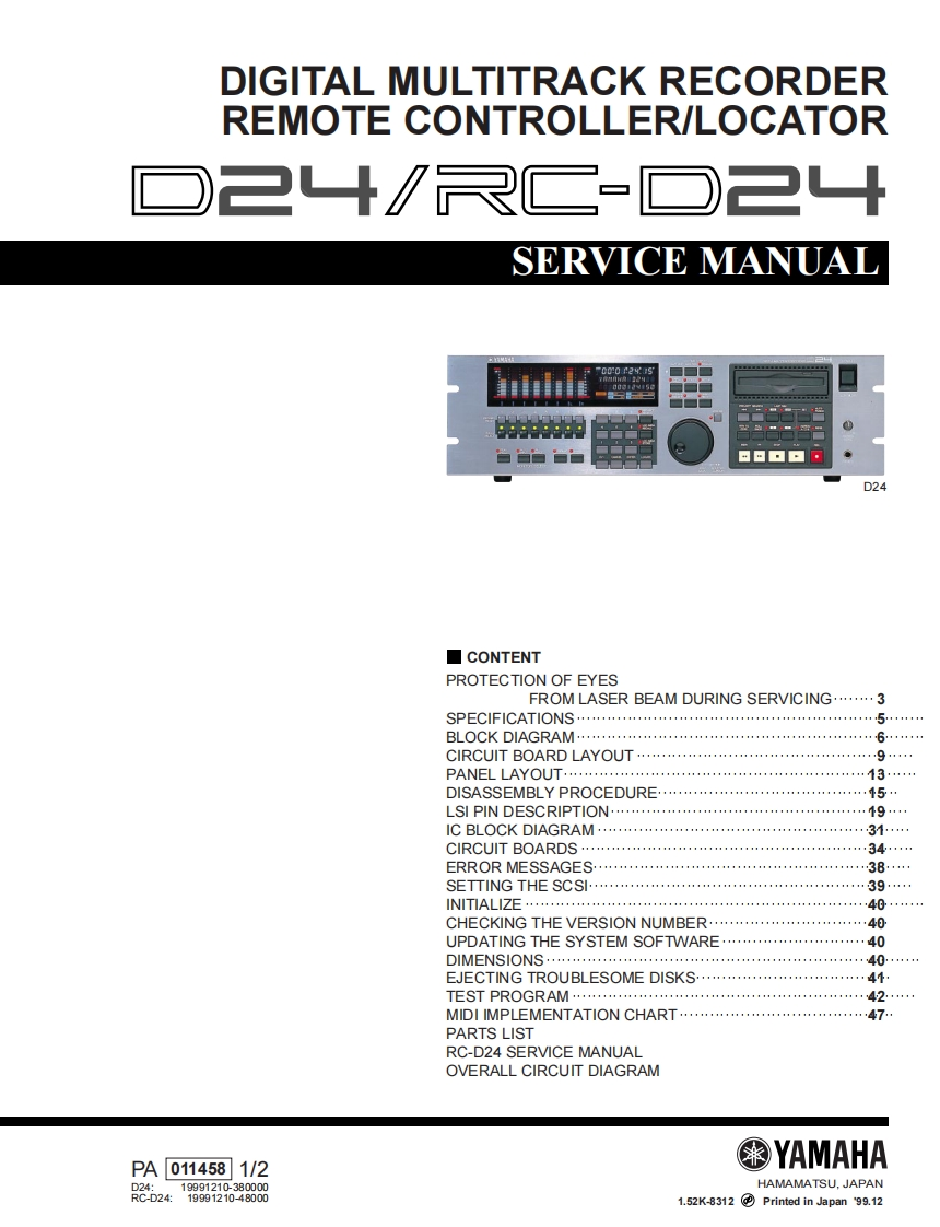 雅马哈Yamaha-D24--RC-D24-Digital-Recorder-Service-Manual维修服务手册说明书含电器原理图