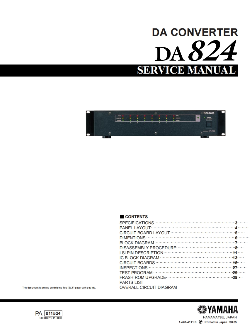 雅马哈Yamaha-DA824-DA-Converter-Service-Manual维修服务手册说明书含电器原理图