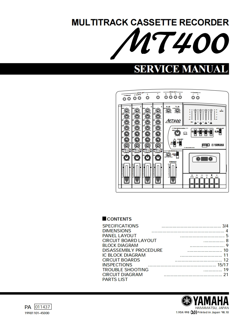 雅马哈Yamaha-MT400-Cassette-Recorder-Service-Manual维修服务手册说明书含电器原理图