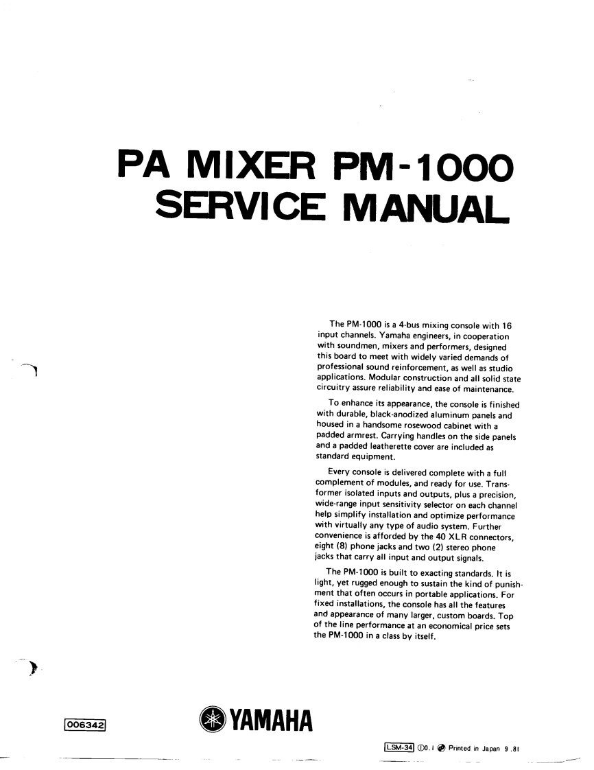 雅马哈Yamaha-PM1000-Mixing-Console-Service-Manual维修服务手册说明书含电器原理图