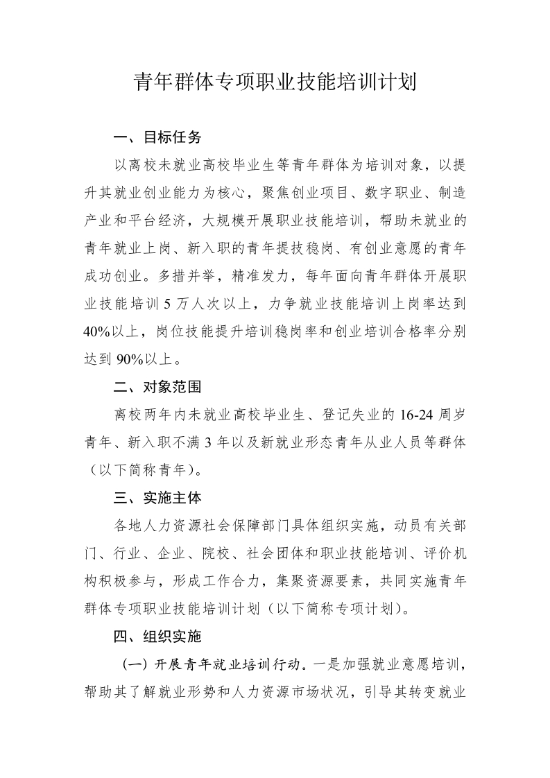 青年群体专项职业技能培训计划