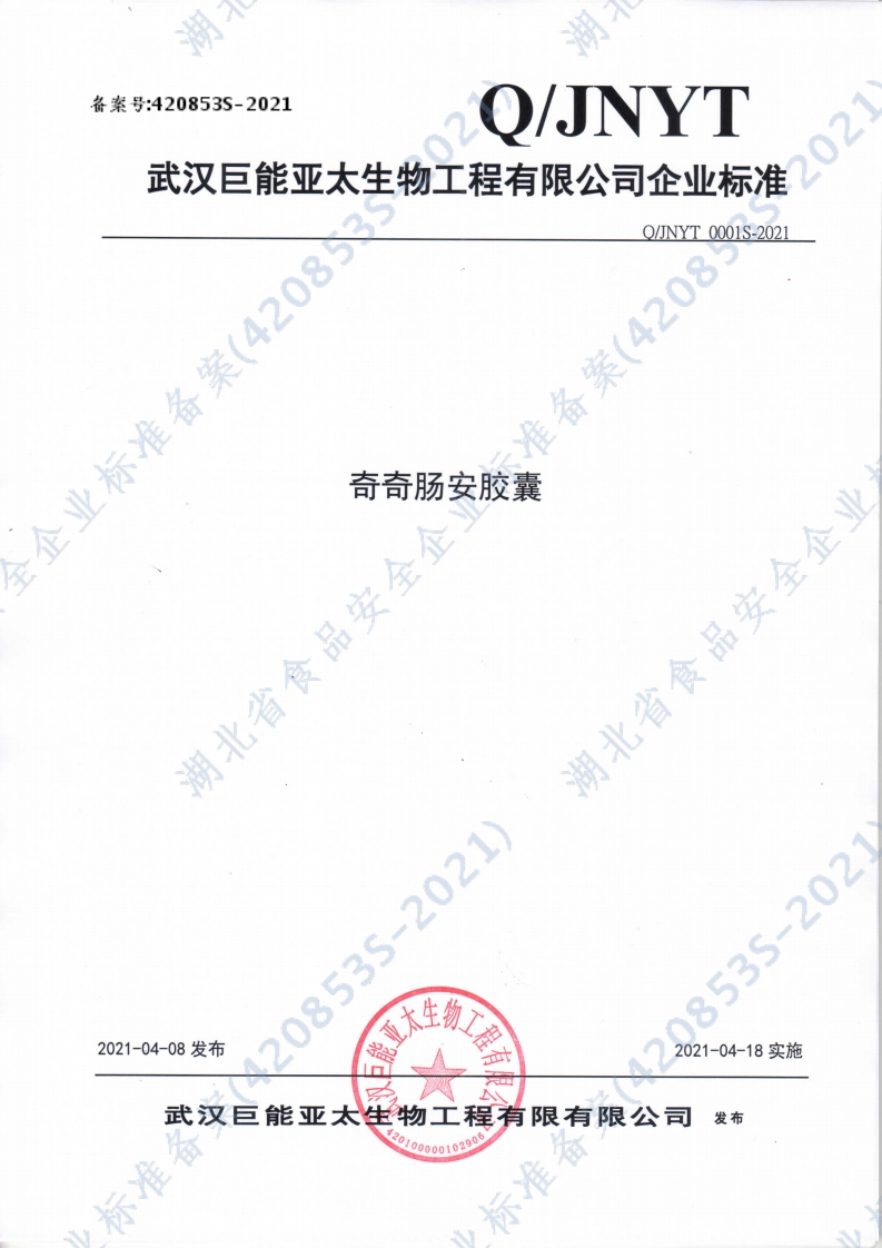 食品安全企业标准Q_JNYT0001S-2021奇奇肠安胶囊
