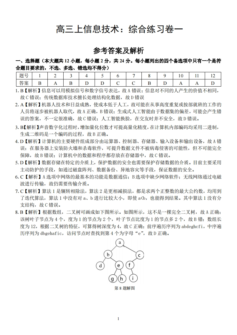 高三上信息技术：综合练习卷一(参考答案及解析)