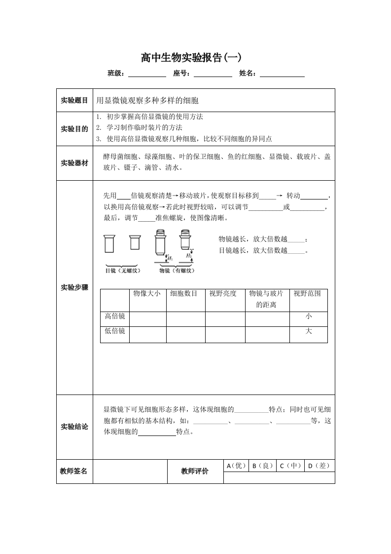 高中生物实验报告册（必修1）