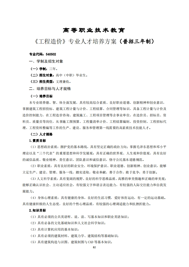 高等职业技术教育工程造价专业人才培养方案(普招三年制)(1)
