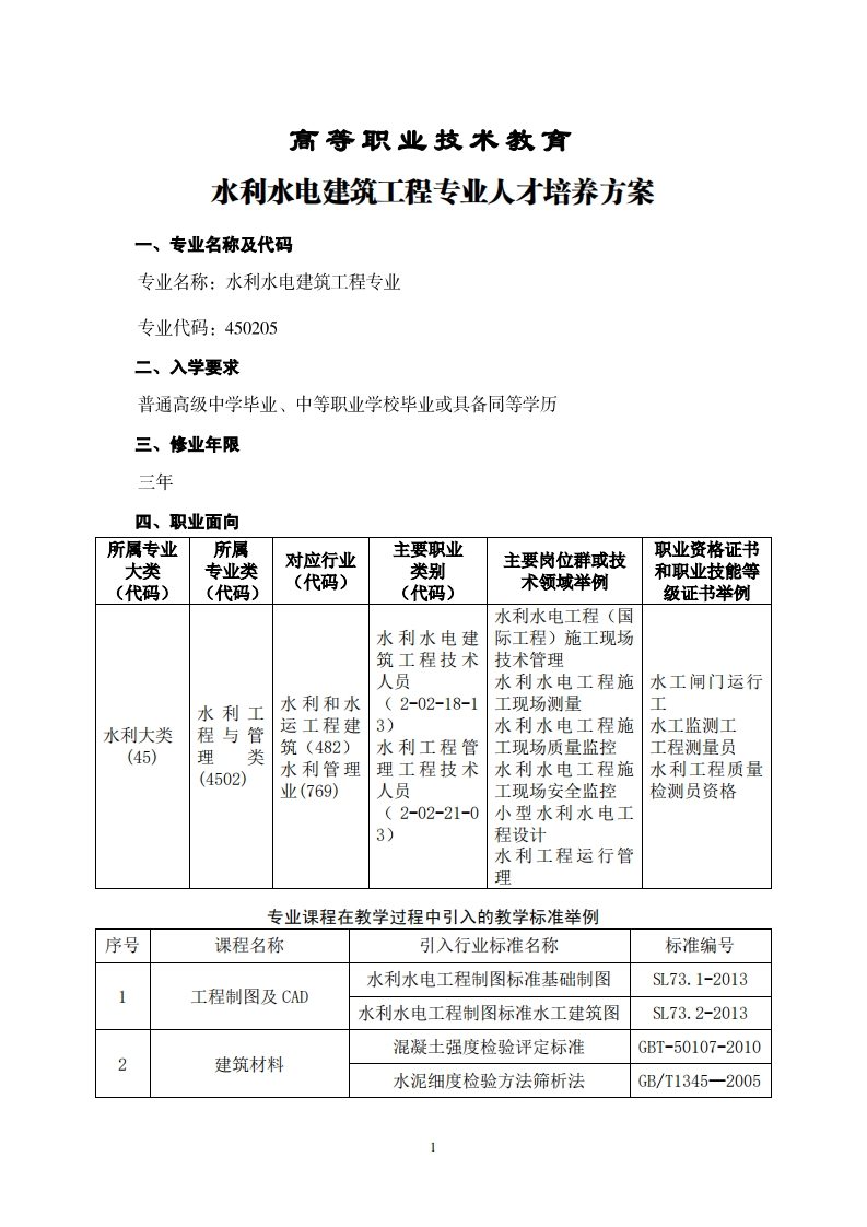 高等职业技术教育水利水电建筑工程专业人才培养方案