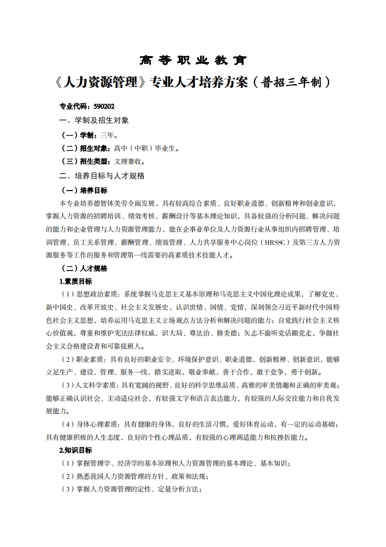 高等职业教育力资源管理专业人才培养方案(普招三年制)